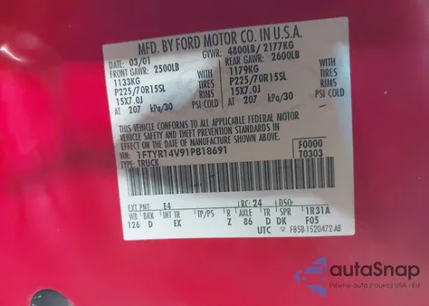2001 Ford Ranger Edge/Xl/Xlt from USA, damaged, VIN 1FTYR14V91PB18691